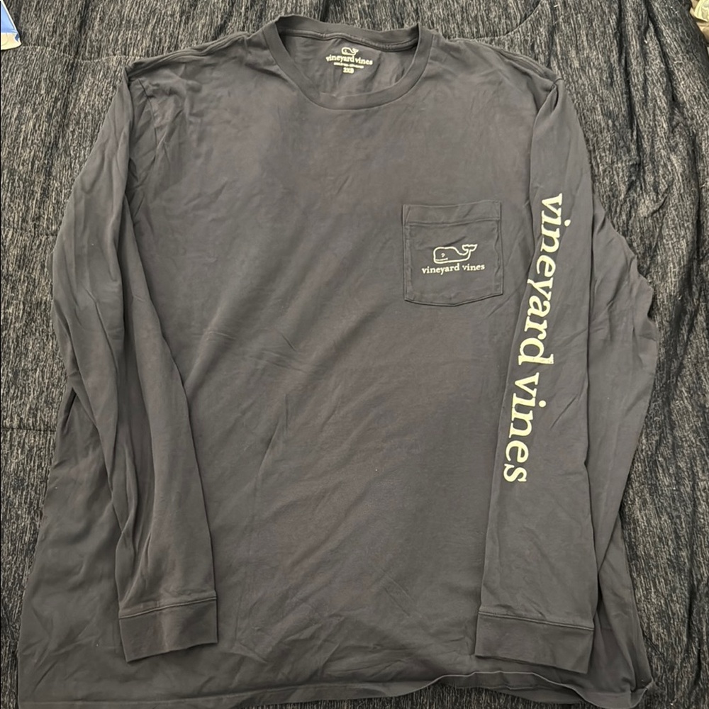 Vineyard Vines Vintage Look Blue Long Sleeve Tee with Big Whale on Back